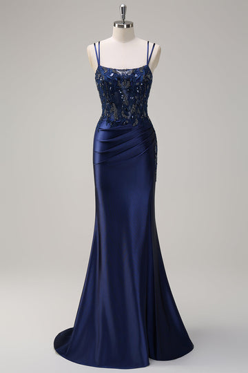 Navy sirena spaghetti spalline corsetto increspato lungo Abito da cerimonia con fessura